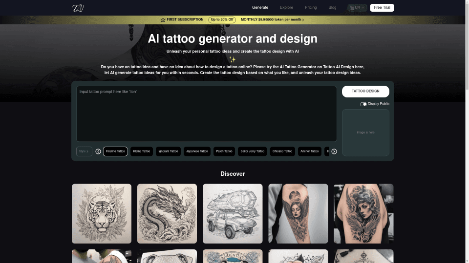 AI Tattoo Generator and Design | Tattoo AI Design AI Tattoo Generator and Design | Tattoo AI Design - AI tool screenshot and preview